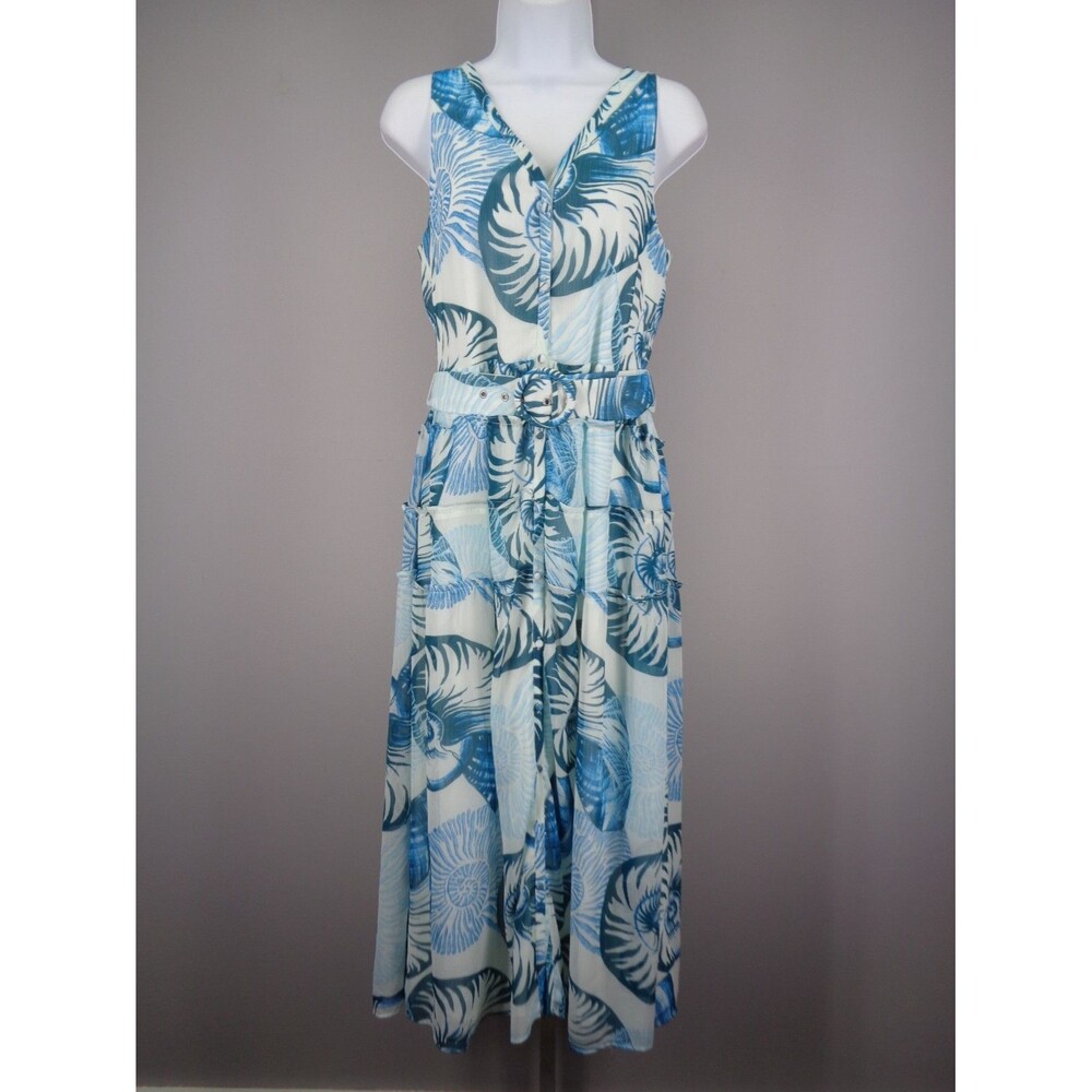 White House Black Market Teal Blue Shell Print Tiered Midi Dress Size 4
